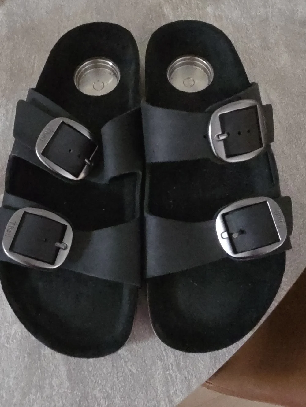 Men's/Womens Black Double-Buckle Slide Sandals with Adjustable Straps M7/8 W9/10